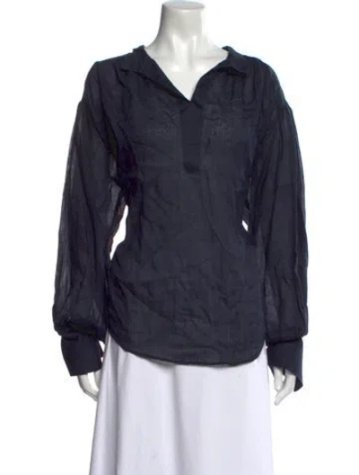 Pre-owned Frame V-neck Long Sleeve Blouse In Blue