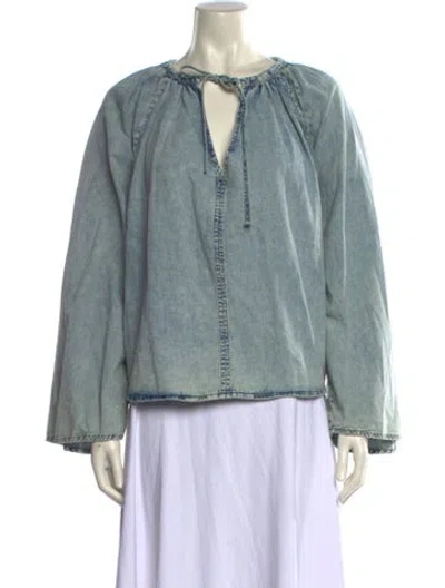 Pre-owned Frame V-neck Long Sleeve Blouse In Blue