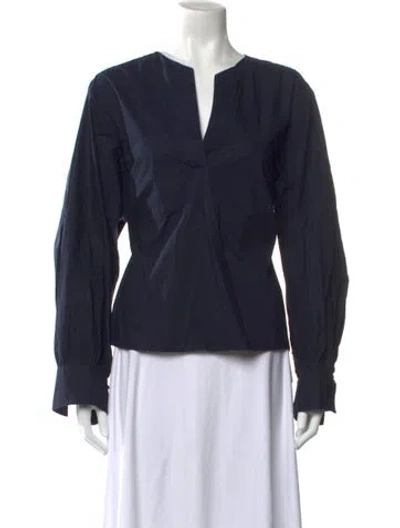 Pre-owned Frame V-neck Long Sleeve Blouse In Blue
