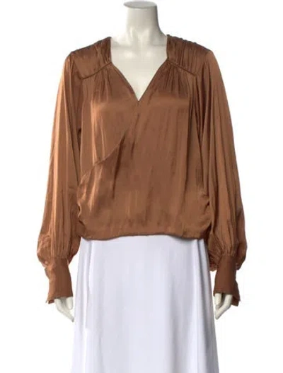 Pre-owned Frame V-neck Long Sleeve Blouse In Brown