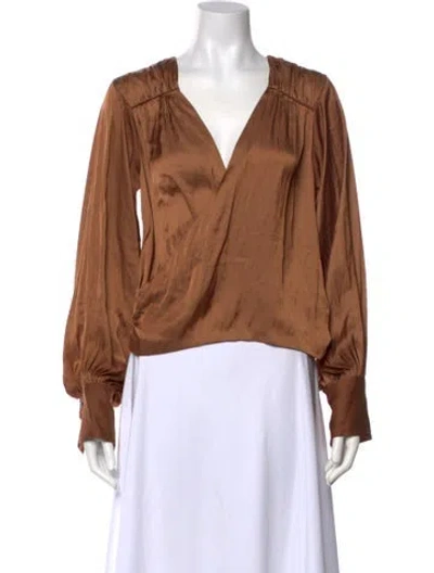 Pre-owned Frame V-neck Long Sleeve Blouse In Brown