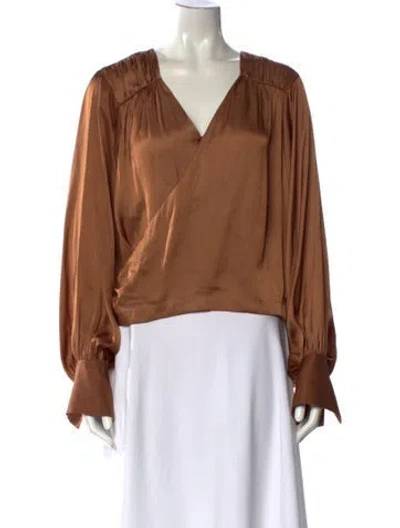 Pre-owned Frame V-neck Long Sleeve Blouse In Brown