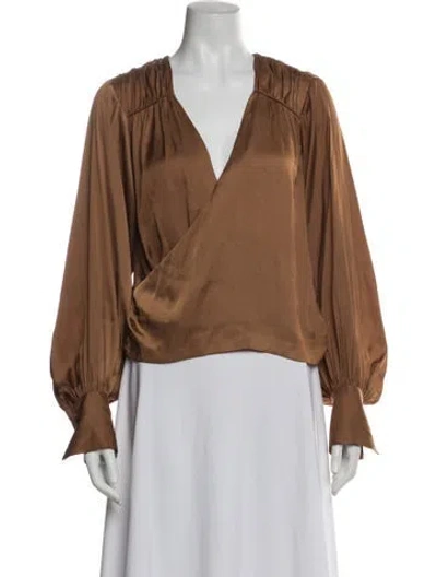 Pre-owned Frame V-neck Long Sleeve Blouse In Brown