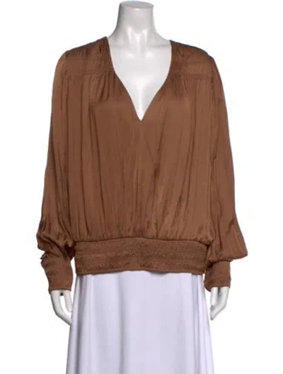 Pre-owned Frame V-neck Long Sleeve Blouse In Brown