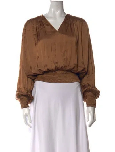Pre-owned Frame V-neck Long Sleeve Blouse In Brown