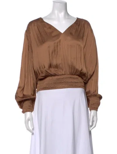 Pre-owned Frame V-neck Long Sleeve Blouse In Brown