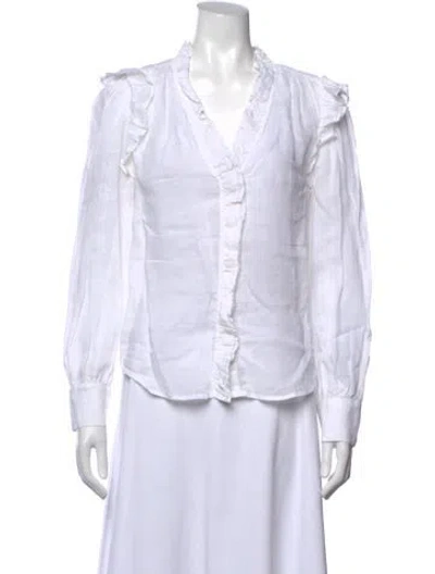 Pre-owned Frame V-neck Long Sleeve Blouse In White