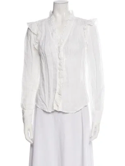 Pre-owned Frame V-neck Long Sleeve Blouse In White