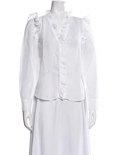 Pre-owned Frame V-neck Long Sleeve Blouse In White