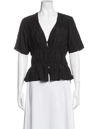 Pre-owned Frame V-neck Short Sleeve Blouse In Black