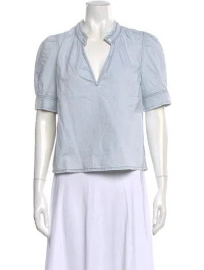 Pre-owned Frame V-neck Short Sleeve Blouse In Blue