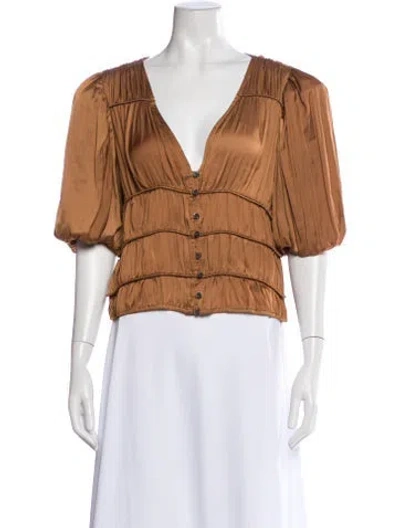 Pre-owned Frame V-neck Short Sleeve Blouse In Brown