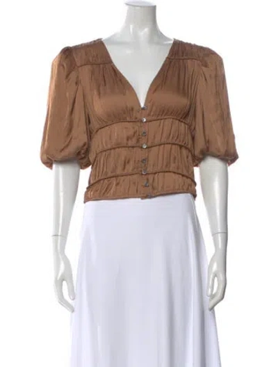 Pre-owned Frame V-neck Short Sleeve Blouse In Brown