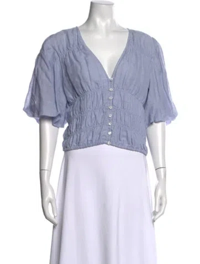 Pre-owned Frame V-neck Short Sleeve Crop Top In Blue