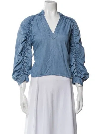 Pre-owned Frame V-neck Three-quarter Sleeve Blouse In Blue