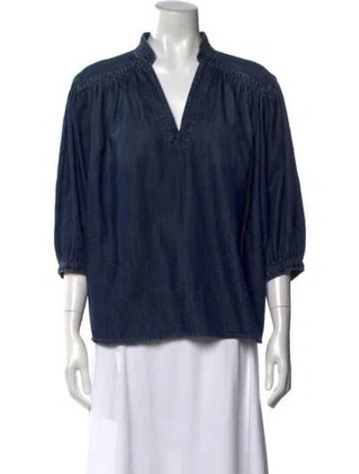 Pre-owned Frame V-neck Three-quarter Sleeve Blouse In Blue