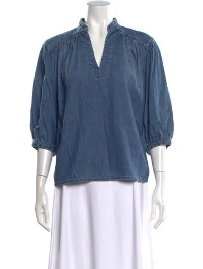 Pre-owned Frame V-neck Three-quarter Sleeve Blouse In Blue