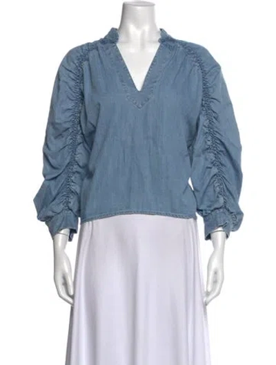 Pre-owned Frame V-neck Three-quarter Sleeve Blouse In Blue