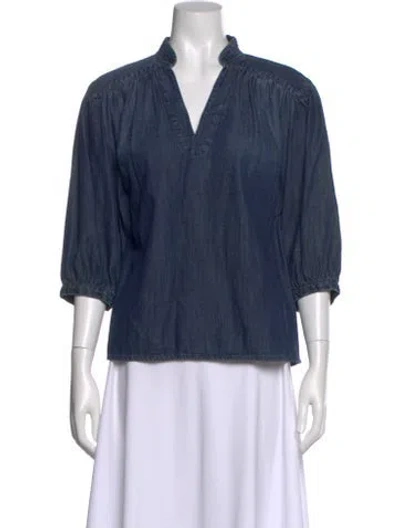 Pre-owned Frame V-neck Three-quarter Sleeve Blouse W/ Tags In Blue