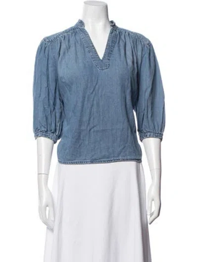 Pre-owned Frame V-neck Three-quarter Sleeve Top In Blue