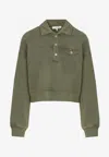 Frame Washed Polo Henley Cropped Sweatshirt In Green
