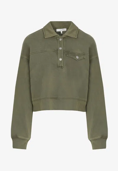 Frame Washed Polo Henley Cropped Sweatshirt In Green