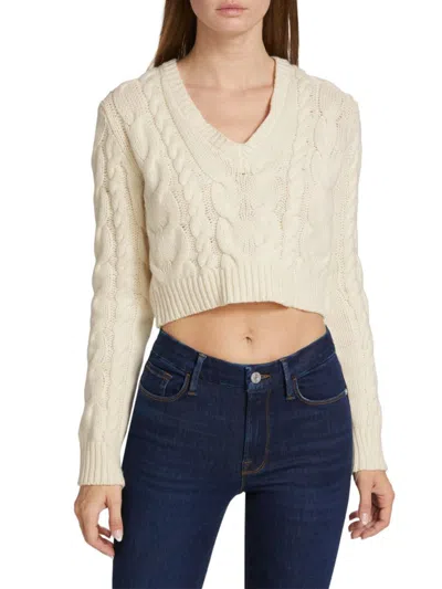Frame Women's Cropped Cable Knit V Neck Sweater In Off White