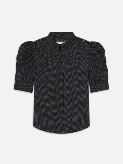 Frame The Gillian Ruched Polka-dot Silk-crepe Blouse In Blue