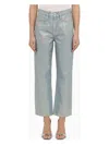 Frame Cropped Hologram Denim Jeans With Belt Loops In Light Blue