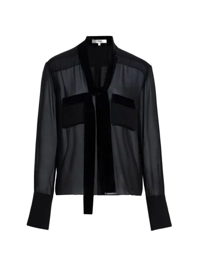 Frame Women's Modern Velvet-trim Sheer Silk Blouse In Black