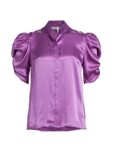 Frame Puff Sleeve Silk Button-up Shirt In Pink