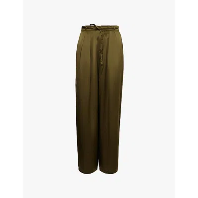 Frame Womens Rich Military Self-tie Slip-pockets Wide-leg High-rise Silk Trouser In Green