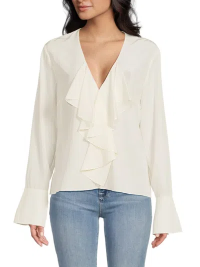 Frame Women's Ruffled V-neck Silk Blouse In White