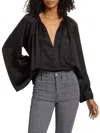 Frame Glossy V-neck Blouse Ruffled Insert In Black