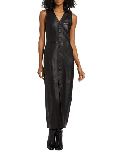 Frame Women's Sleeveless Leather Button-front Midi-dress In Black