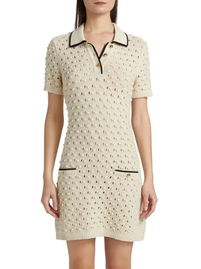 Frame The Bauble Piped Open-knit Cotton Mini Dress In Neutral