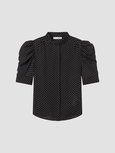Frame The Gillian Ruched Polka-dot Silk-crepe Blouse In Blue