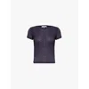 FRAME WOMENS MESH LACE BABY TEE ROUND-NECK STRETCH-WOVEN T-SHIRT NAVY