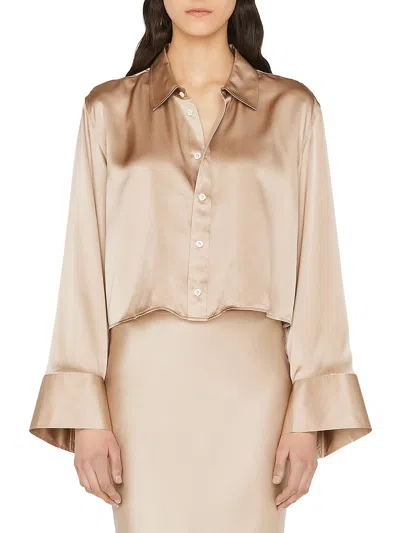 Frame Silk Cropped Wide Sleeve Blouse In Brown
