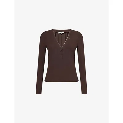 Frame Womens Coffee The Henley Ribbed Modal-jersey Top In Brown