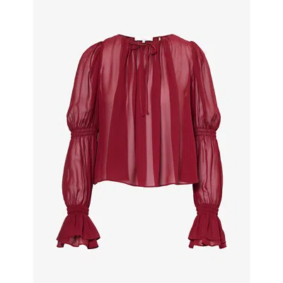 Frame Womens Deep Garnet Ripple Long-sleeve Sheer Silk Blouse In Red