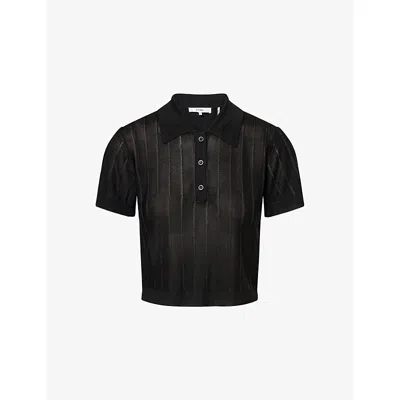 Frame Womens Black Semi-sheer Textured Knit Polo Shirt Xs