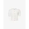 Frame Shrunken Short Sleeve Cardigan Sweater In Cream