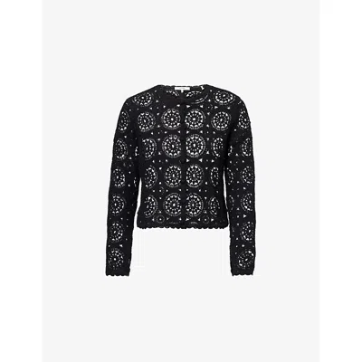 Frame Womens Black The Crochet Cropped Cotton Cardigan