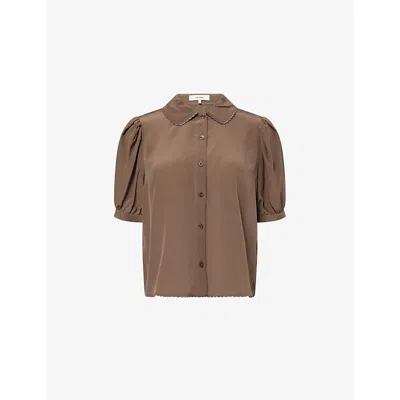 Frame Womens  The Prim Scalloped-edge Silk Blouse In Deep Olive