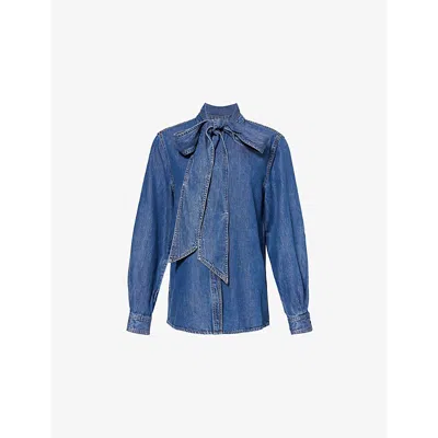Frame Womens Babydoll The Secretary Pussy-bow Denim Blouse In Schwarz
