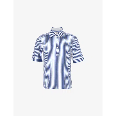 Frame Womens The Snap Striped Cotton-jersey Top Marine Blue Multi