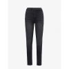 FRAME WOMENS KERRY LOGO-EMBELLISHED TAPERED-LEG HIGH-RISE STRETCH DENIM-BLEND JEANS