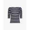 Frame Womens  The Ruched Striped Wool-knit T-shirt In Navy Multi