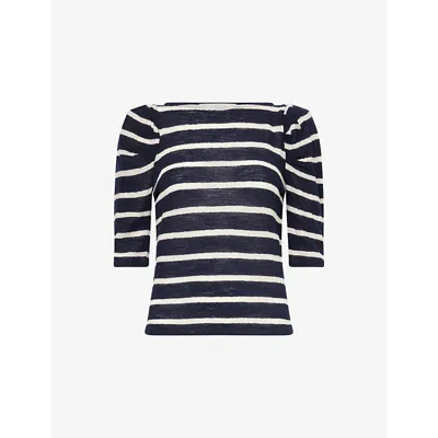 Frame Womens  The Ruched Striped Wool-knit T-shirt In Navy Multi